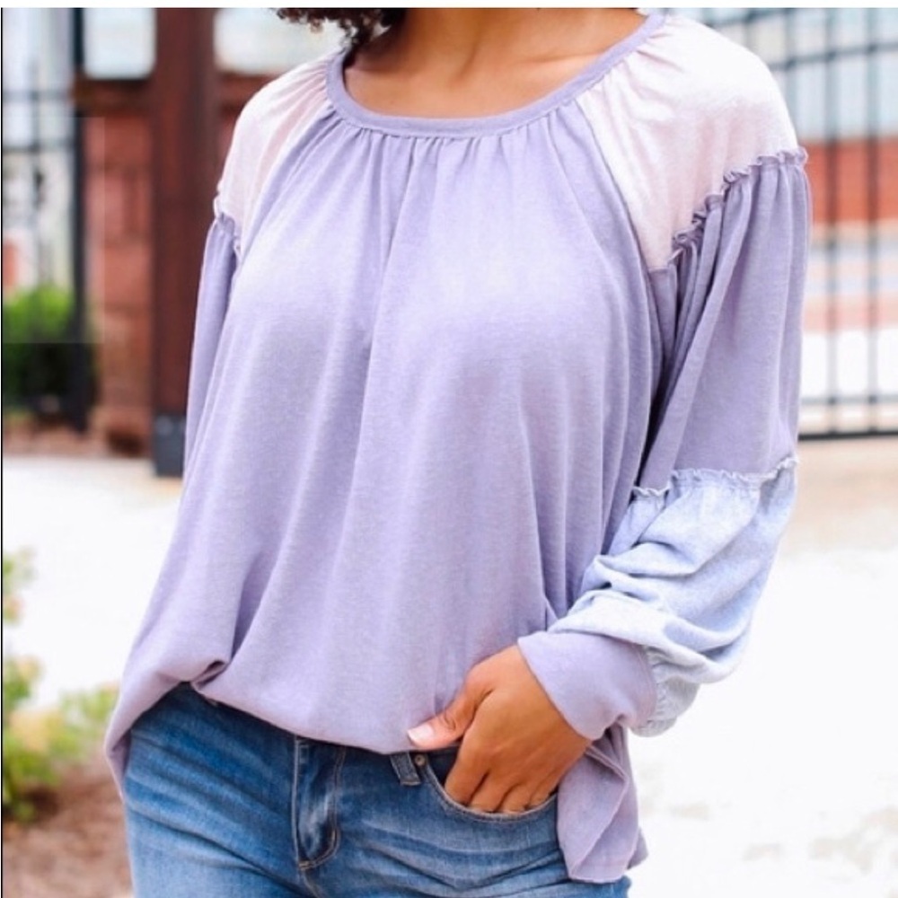 EASEL Oversized lilac purple cotton top color block cuffed sleeve boho size S